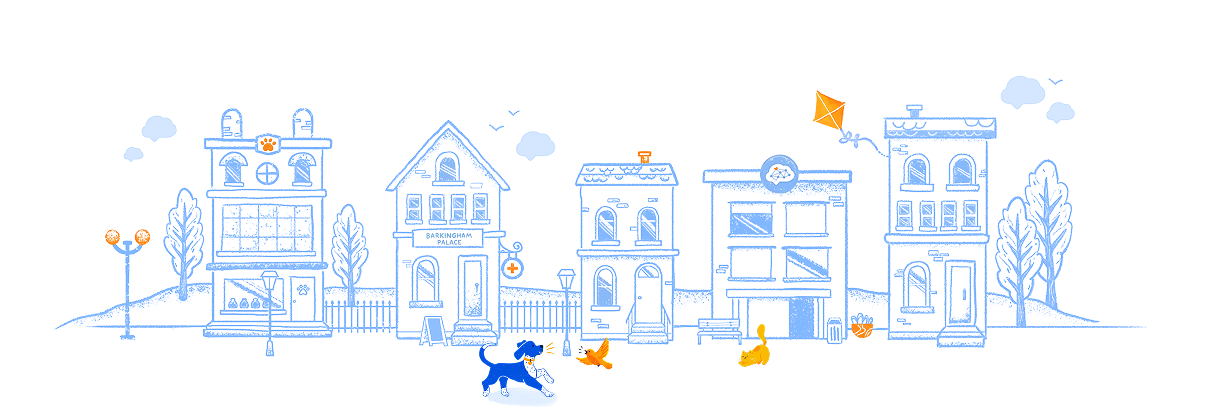 A street with houses with a dog, cat, and bird.