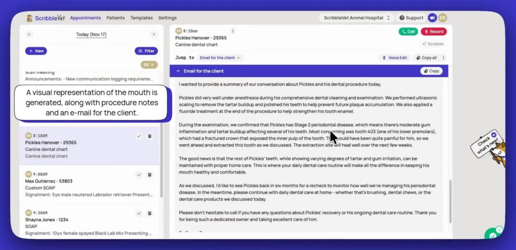 ScribbleVet client email summary with a dog dental chart from a dental procedure.