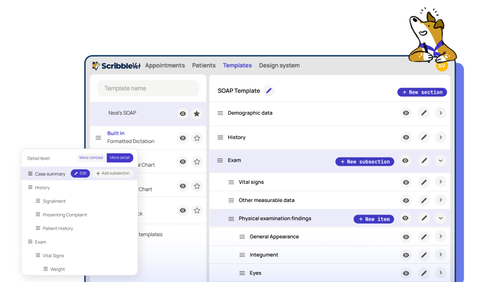 ScribbleVet customizable veterinary SOAP note templates supporting multiple specialties, species, and workflows including dental charts, exotics, and equine care