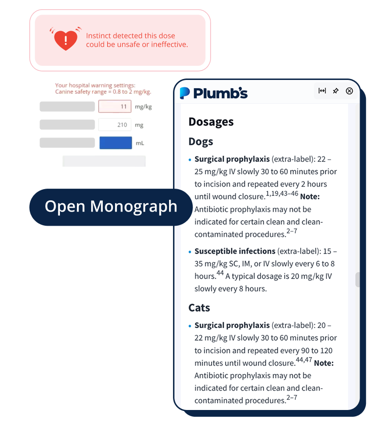 Instinct EMR example of built in Plumbs Integrations for veterinary Clinical Guidance and Safety Alerts.