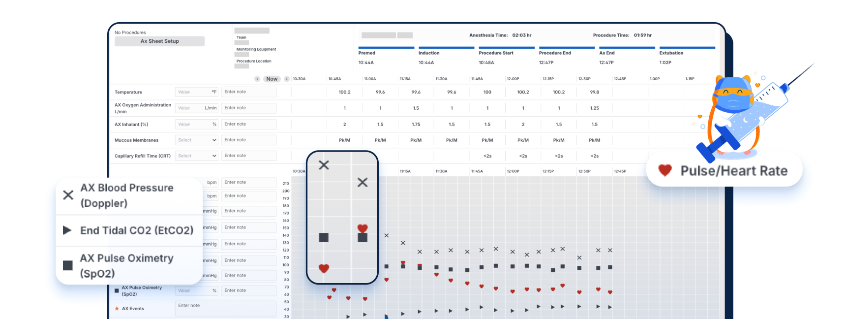 Instinct Treatment Plan digital anesthesia sheet for veterinary procedures showing real-time vitals monitoring, administered medications, and recovery documentation