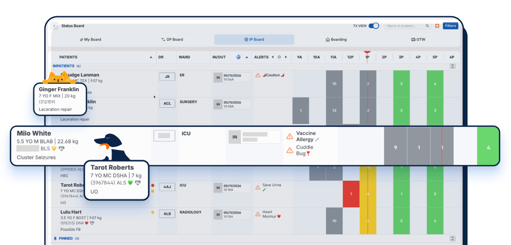 Instinct Treatment Plan real-time veterinary patient board showing checked-in animals, care status, overdue tasks, and upcoming treatments