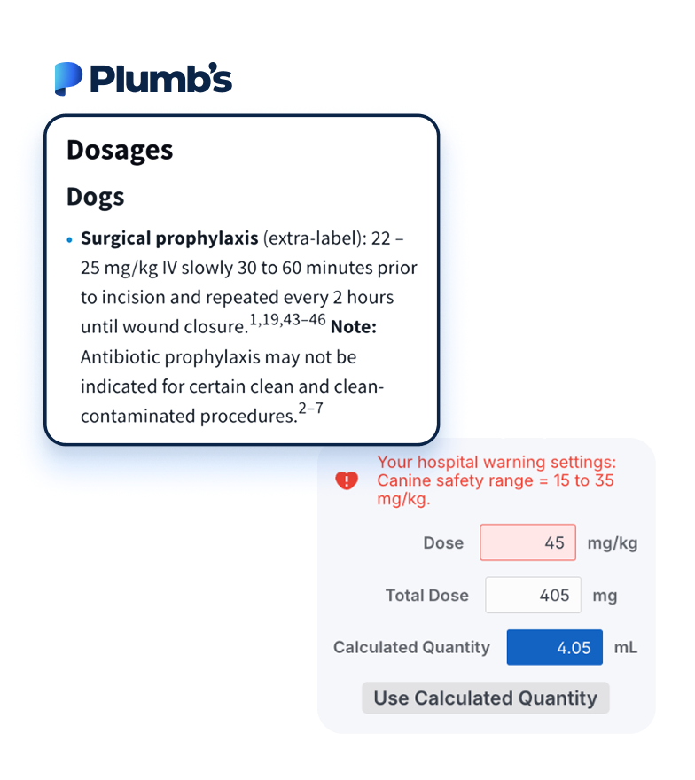 Instinct Treatment Plan Plumb's integration showing veterinary dose calculators and medication safety alerts to prevent animal patient dosing errors