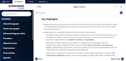 Standards of Care hypernatremia clinical monograph showing key highlights and causes of severe hypernatremia.