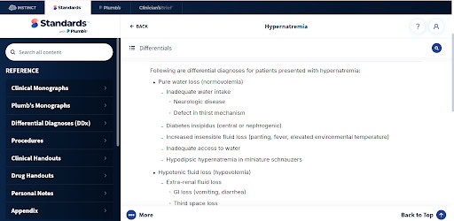 Standards of Care hypernatremia differential diagnosis list in a veterinary clinical reference.