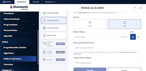 Free Water Deficit calculator in Standards of Care, a veterinary clinical reference, with fields for species, patient weight, measured sodium, and target sodium.