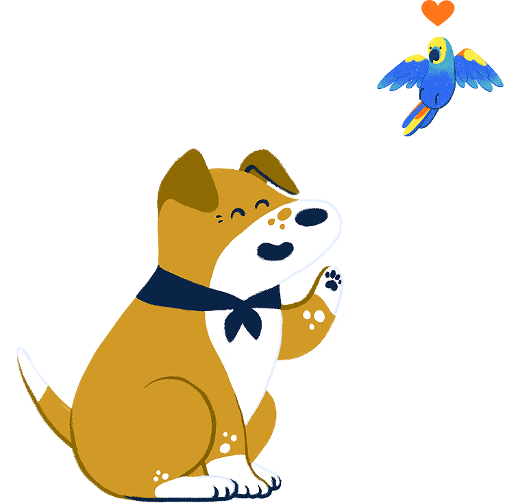 A dog with a flying bird next to it with a heart above it