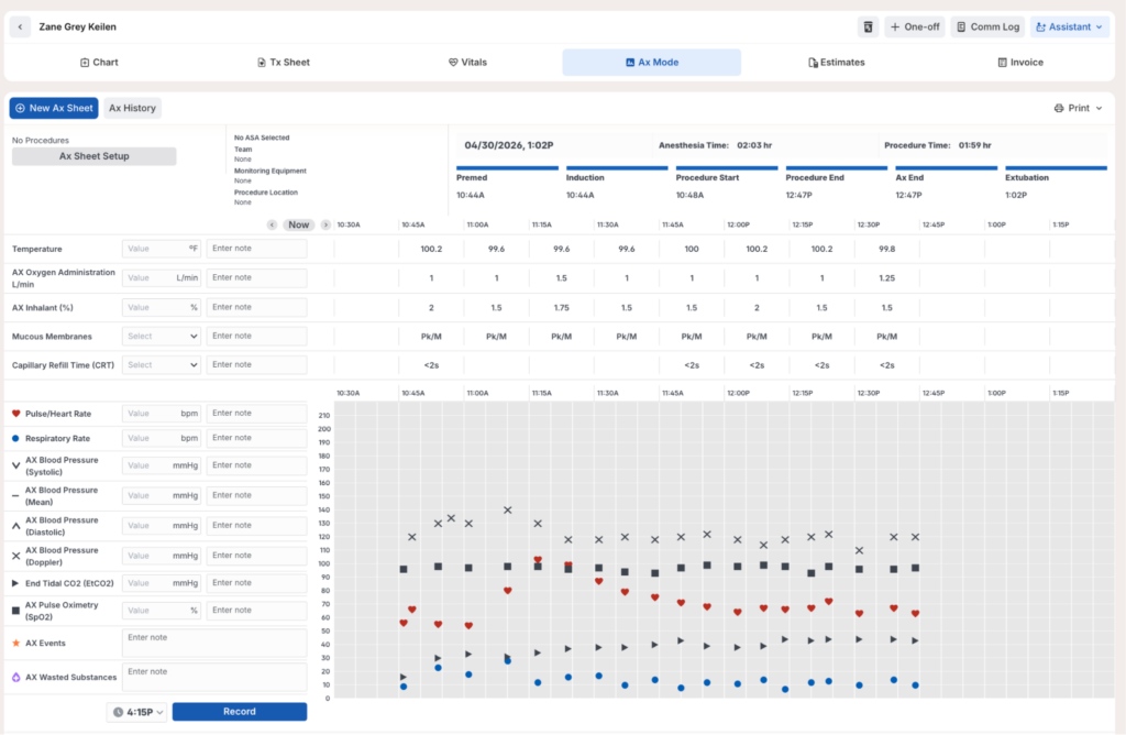 Instinct Treatment Plan Ax Mode displays a digital anesthesia sheet with patient vitals, medications, events, and monitoring data.