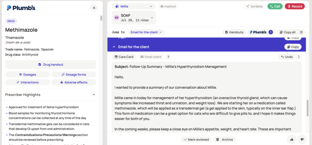 ScribbleVet displays a client email beside the embedded Plumb’s methimazole drug monograph.