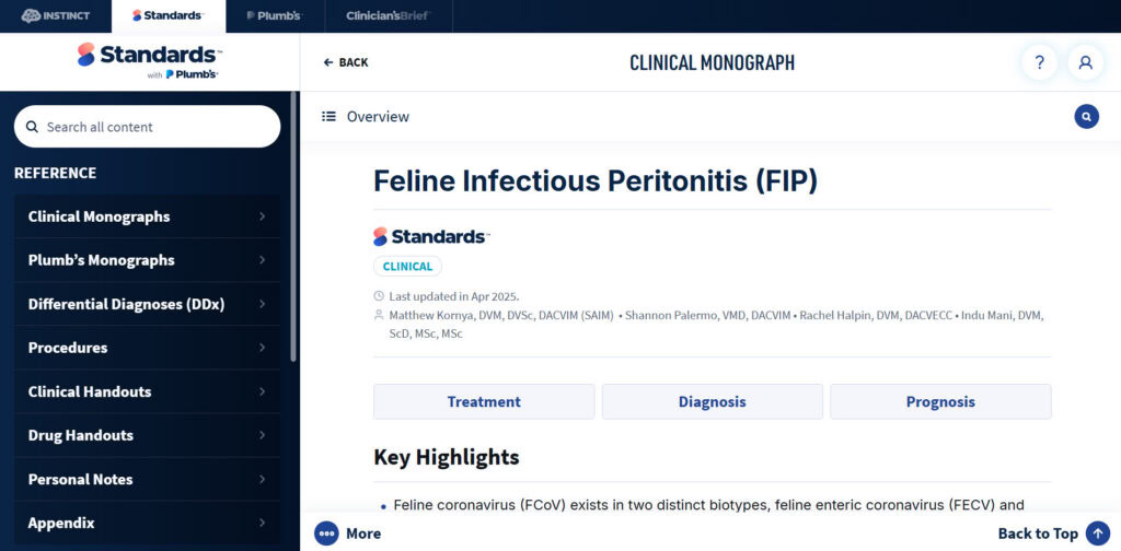 Standards of Care FIP clinical monograph with diagnostic, treatment, and monitoring guidance for veterinarians.