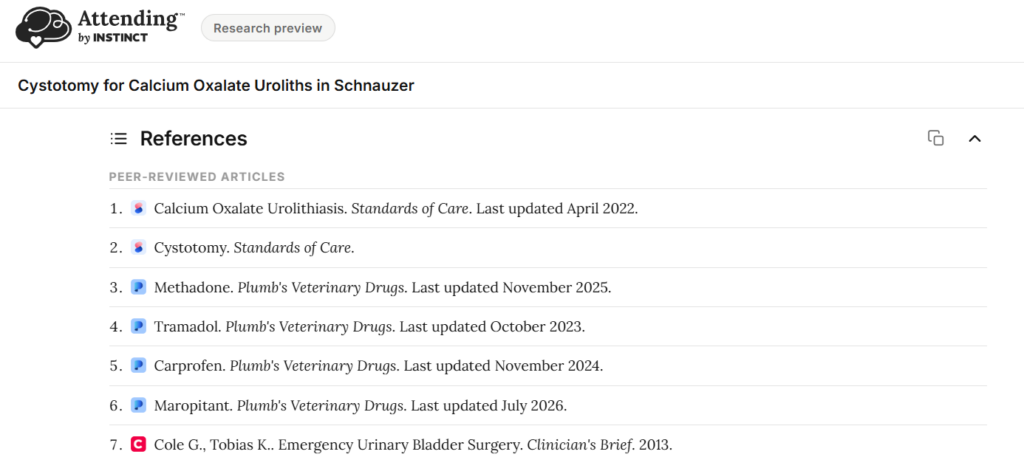 Attending by Instinct veterinary AI shows clinical sources and primary references behind a veterinary answer.