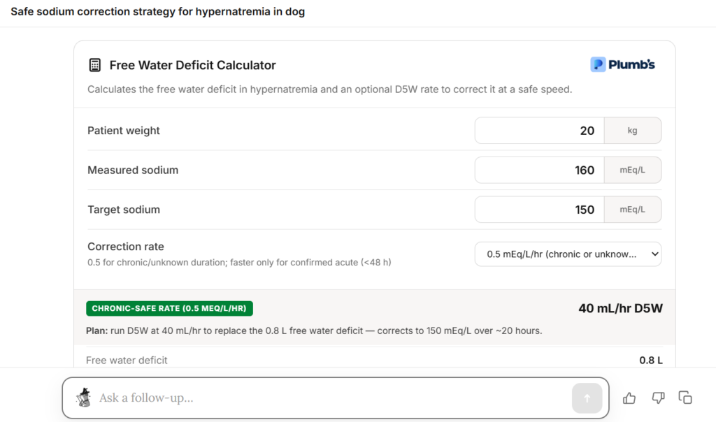Attending by Instinct veterinary AI shows a free water deficit calculation for a dog with hypernatremia.