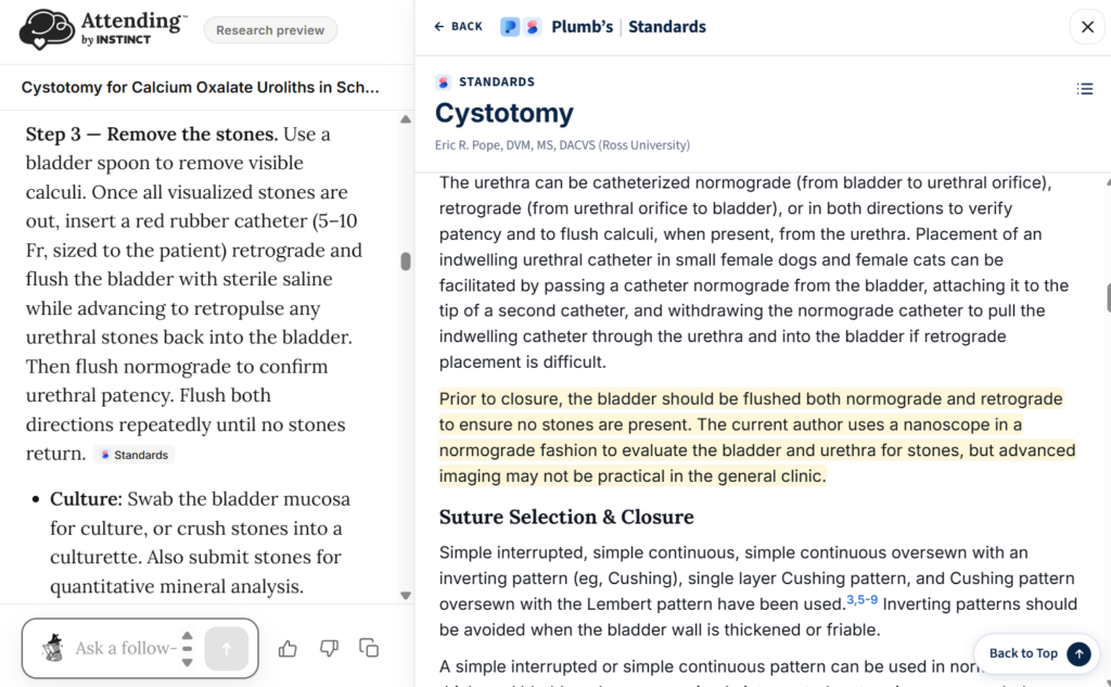 Attending by Instinct veterinary AI opens a Standards source beside the answer with the cited section highlighted.