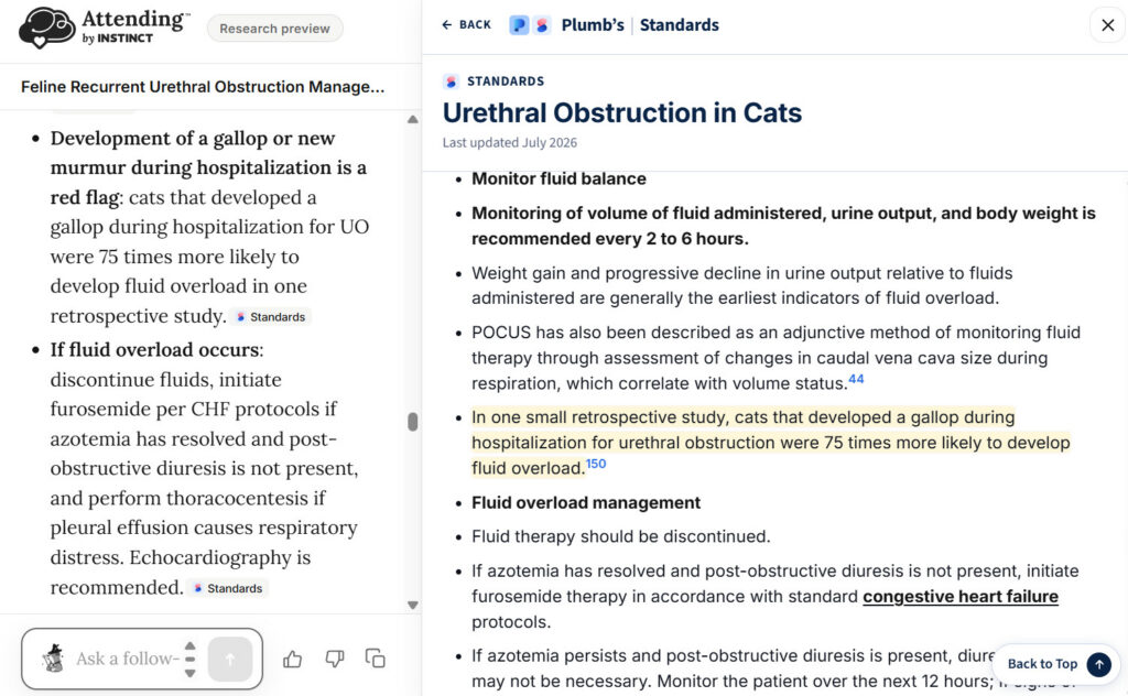 Attending veterinary AI shows Standards guidance for feline urethral obstruction with concurrent heart disease.