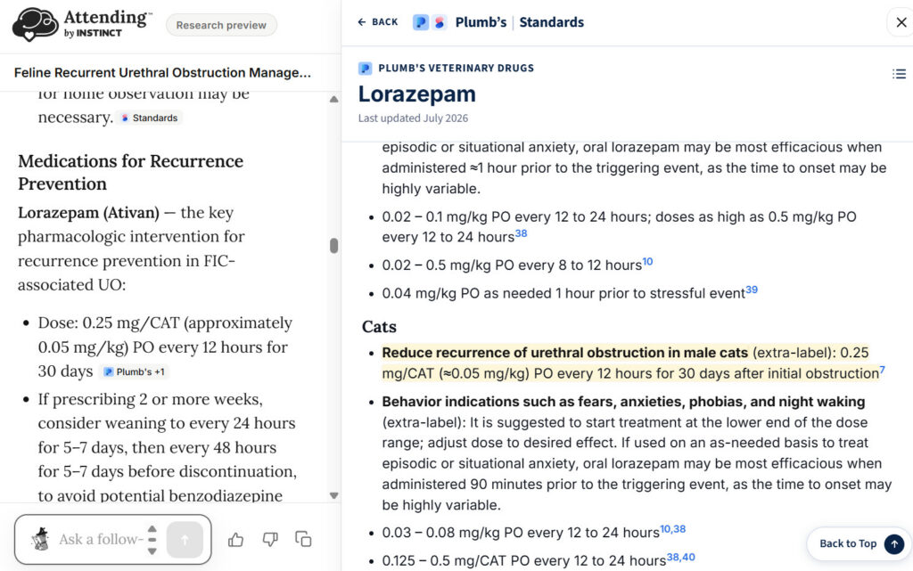 Attending veterinary AI shows Plumb’s guidance on extra-label lorazepam use for feline urethral obstruction.