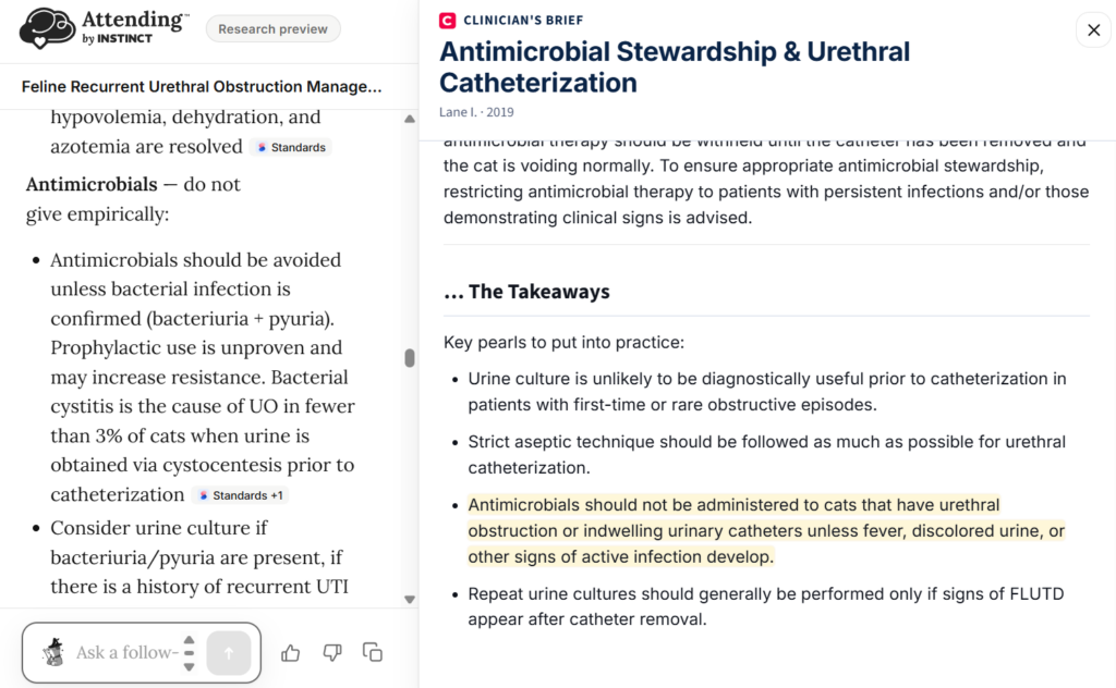 <alt text: Attending veterinary AI shows Clinician’s Brief guidance on antimicrobial use during urethral catheterization.