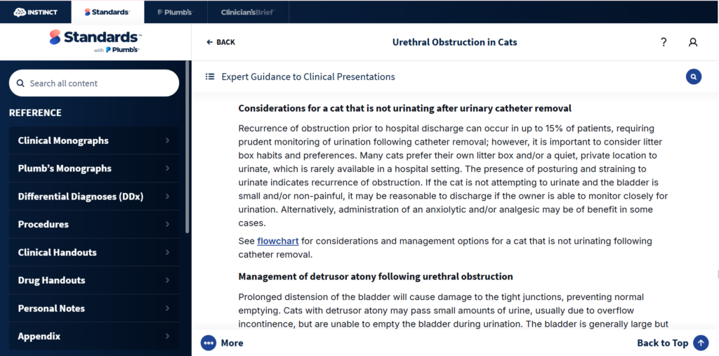Standards of Care clinical support guidance for a cat not urinating after urinary catheter removal.