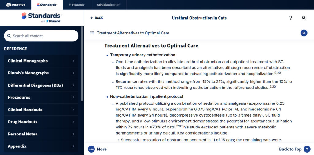 Standards of Care treatment alternatives for feline urinary obstruction when hospitalization isn’t feasible.